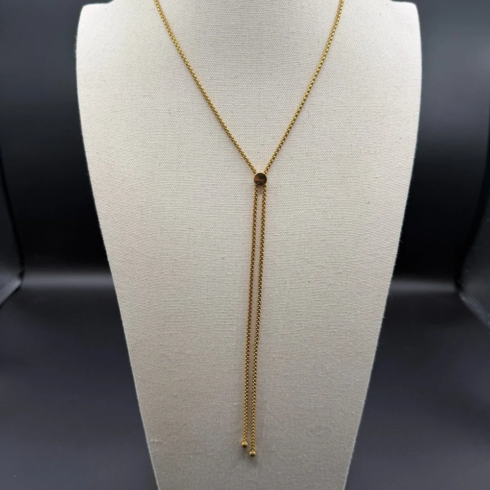 Gold Tone Adjustable Bolo Lariat Necklace Box Chain Tassel Minimalist Jewelry